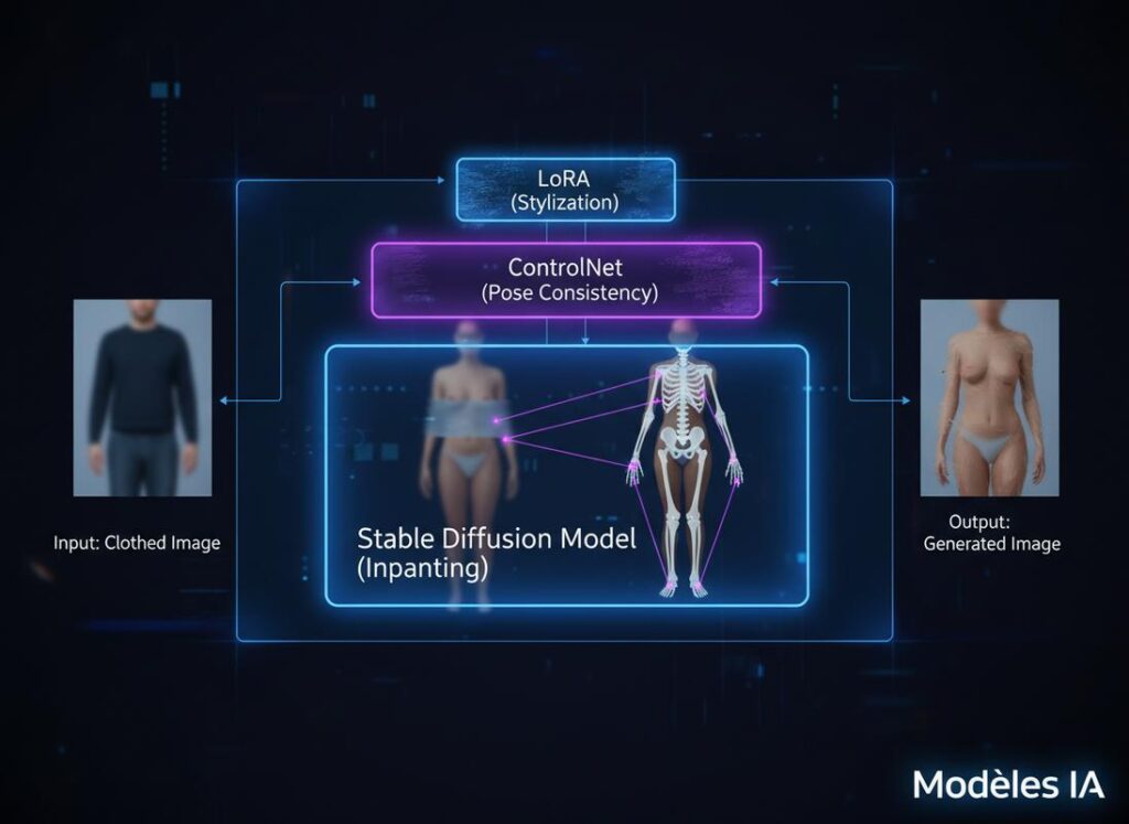 Diagramme technique montrant la superposition de Stable Diffusion, ControlNet et LoRA en couches translucides bleues et violettes.