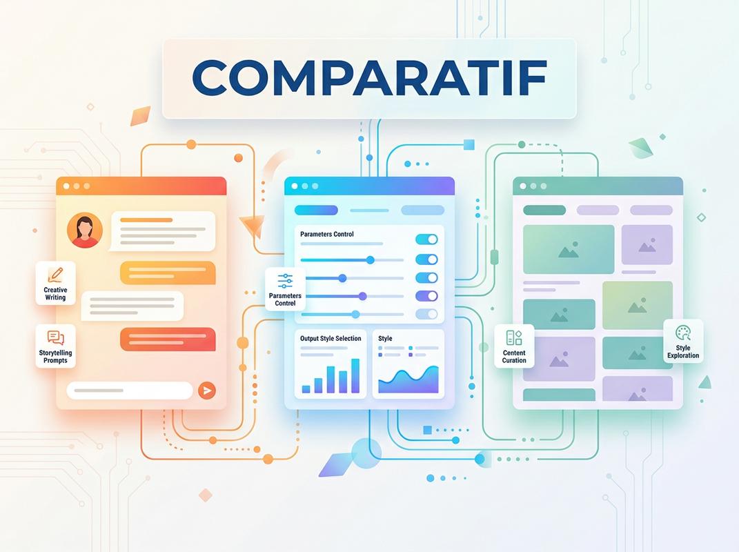 Trois interfaces de générateurs IA aux styles colorés distincts avec des flux de données abstraits et le texte Comparatif en surimpression.