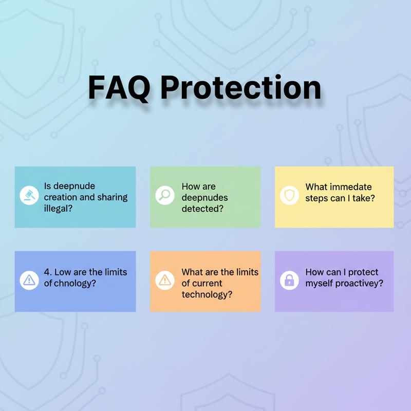 Carte FAQ intitulée FAQ Protection affichant cinq catégories avec icônes de balance, loupe, bouclier, triangle d'alerte et cadenas.