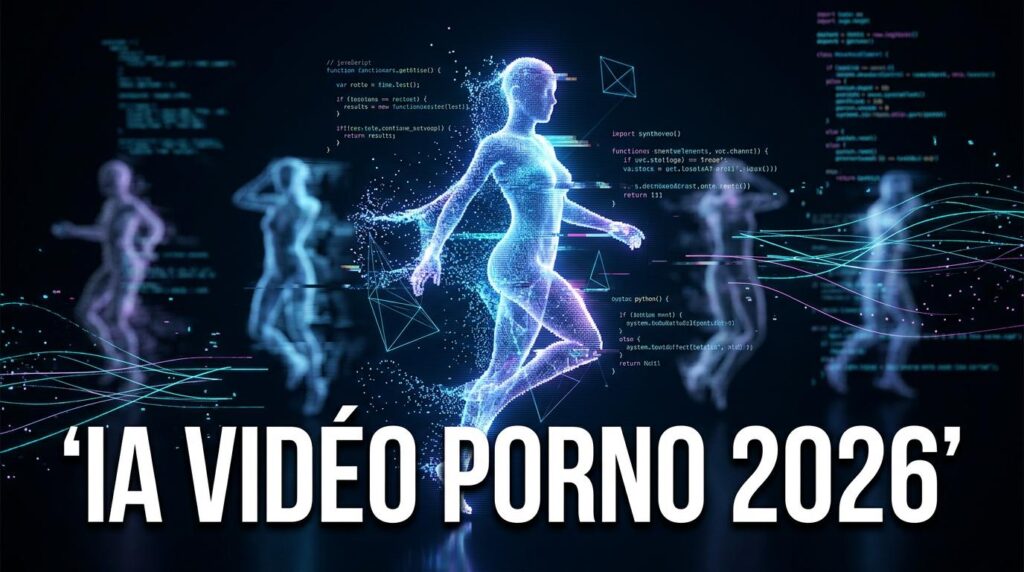 Interface technologique futuriste montrant une silhouette humaine en pixels et l'inscription IA Vidéo Porno 2026.
