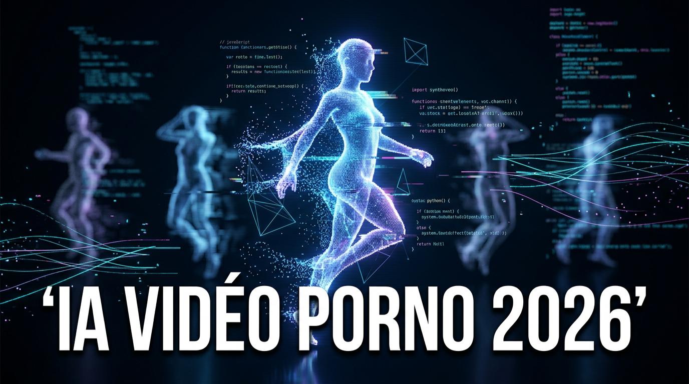Interface technologique futuriste montrant une silhouette humaine en pixels et l'inscription IA Vidéo Porno 2026.