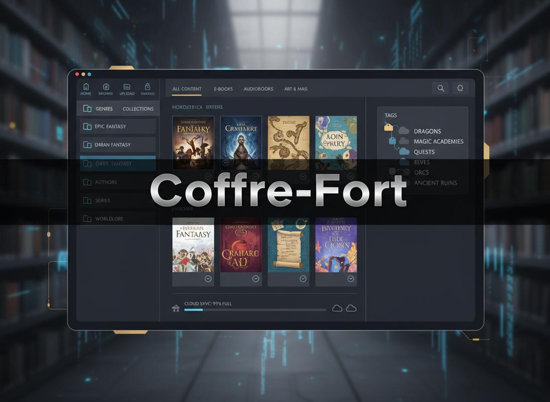 Interface numérique épurée organisant des catégories de fantasmes avec dossiers et icônes, surmontée du texte Coffre-Fort.