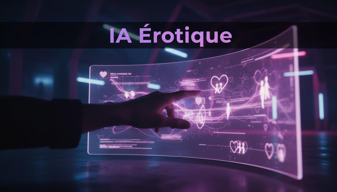 Main survolant une interface holographique lumineuse aux tons rose et violet affichant le texte IA Érotique.