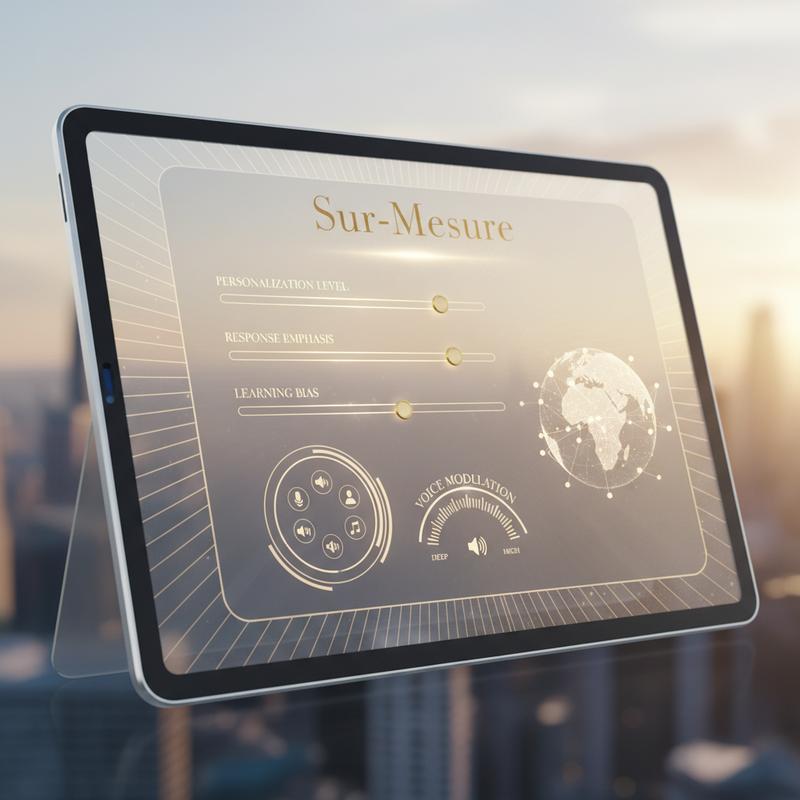 Interface 3D futuriste de l'assistant Open Spoken AI avec curseurs de personnalisation, accents dorés et texte élégant Sur-Mesure.
